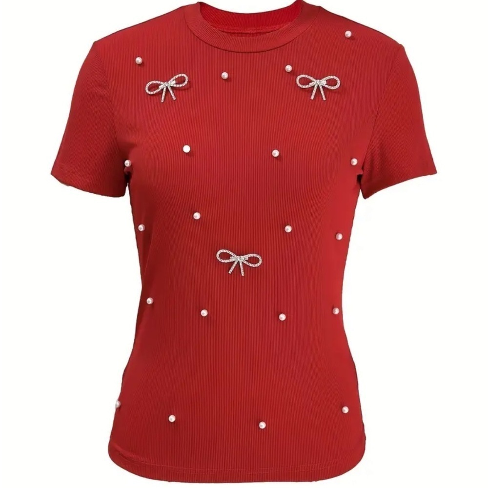 Casual Crew Neck T-Shirt with Pearl and Bow Accents